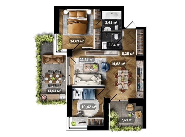 ЖК Central Park: планировка 2-комнатной квартиры 69.41 м²