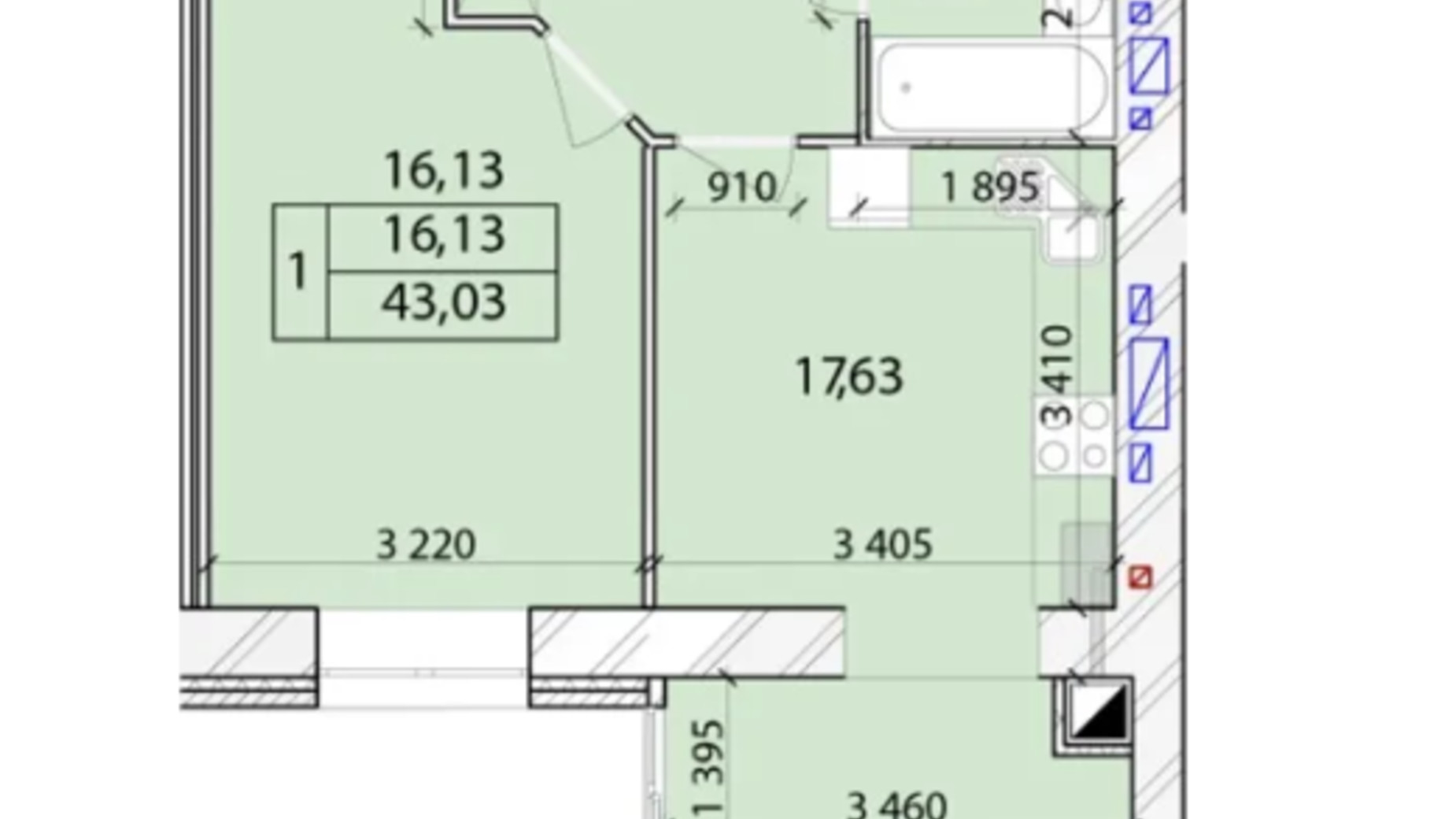 Планировка 1-комнатной квартиры в ЖК Лесной New 43.03 м², фото 675732