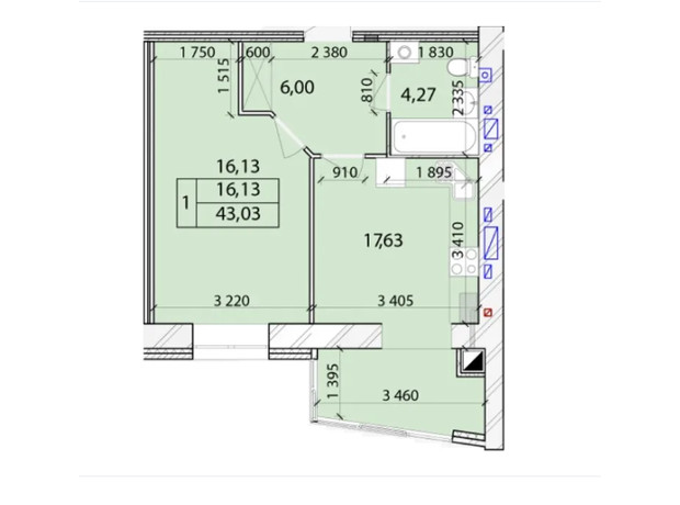 ЖК Лесной New: планировка 1-комнатной квартиры 43.03 м²