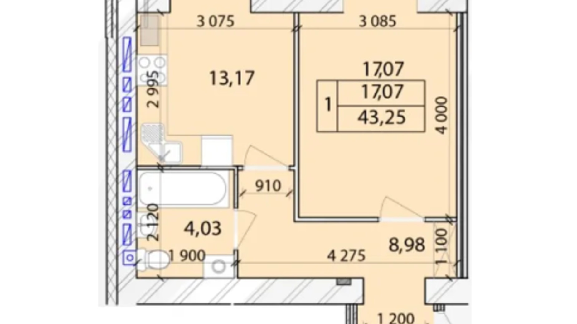 Планировка 1-комнатной квартиры в ЖК Лесной New 43.25 м², фото 675733
