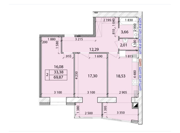 ЖК Лісовий New: планування 2-кімнатної квартири 69.87 м²