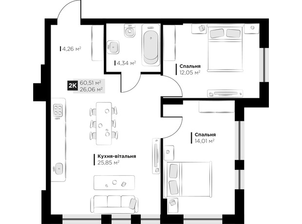 ЖК PERFECT LIFE: планировка 2-комнатной квартиры 60.51 м²