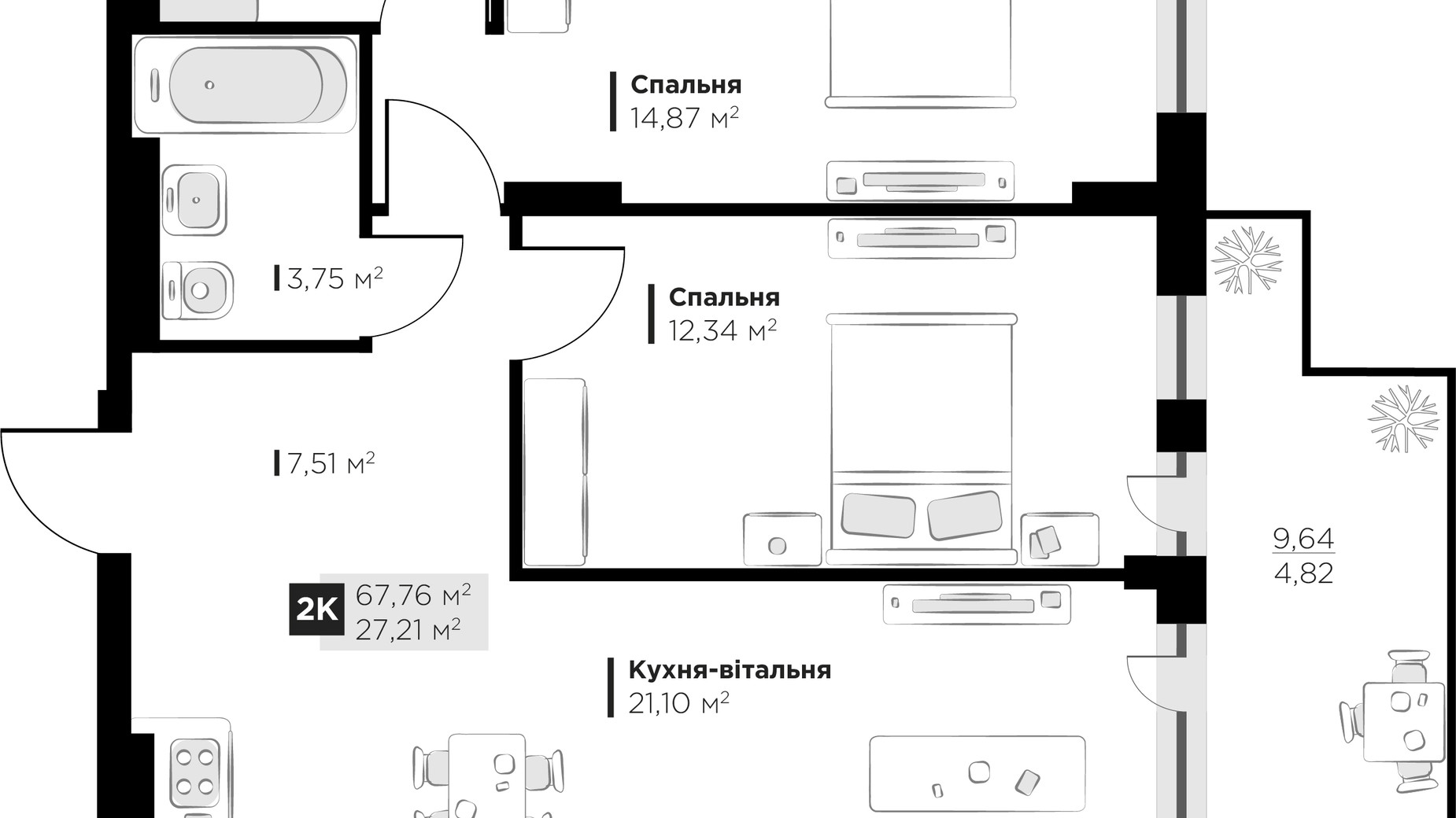 Планування 2-кімнатної квартири в ЖК PERFECT LIFE 67.76 м², фото 677112