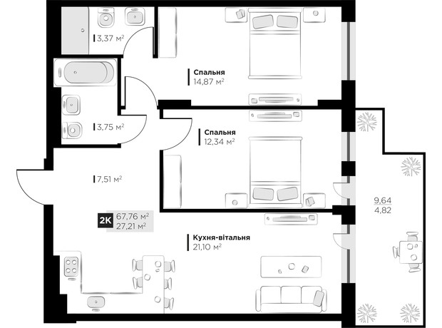 ЖК PERFECT LIFE: планировка 2-комнатной квартиры 67.76 м²