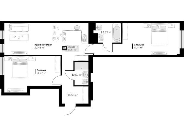 ЖК PERFECT LIFE: планировка 2-комнатной квартиры 66.8 м²