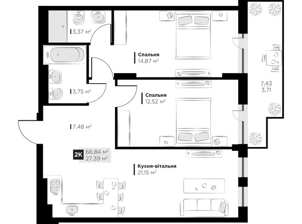 ЖК PERFECT LIFE: планування 2-кімнатної квартири 66.84 м²