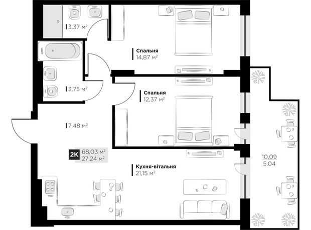 ЖК PERFECT LIFE: планировка 2-комнатной квартиры 68.03 м²