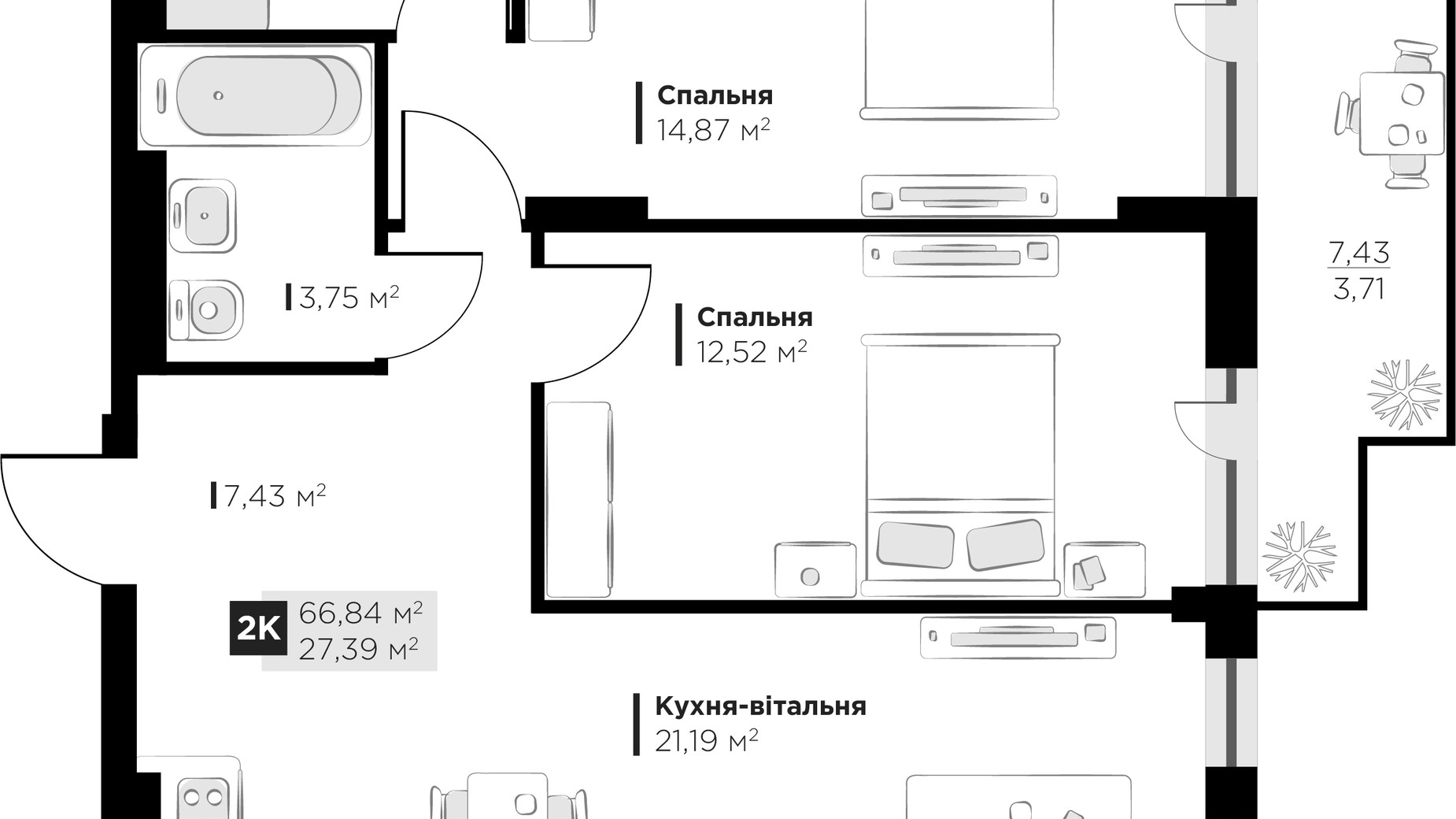 Планировка 2-комнатной квартиры в ЖК PERFECT LIFE 66.84 м², фото 677130