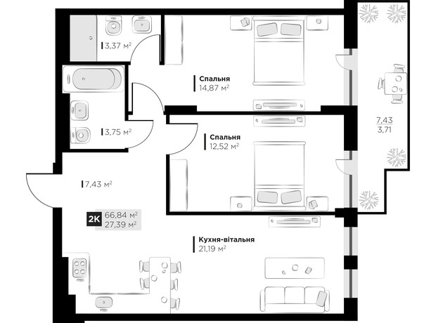 ЖК PERFECT LIFE: планування 2-кімнатної квартири 66.84 м²