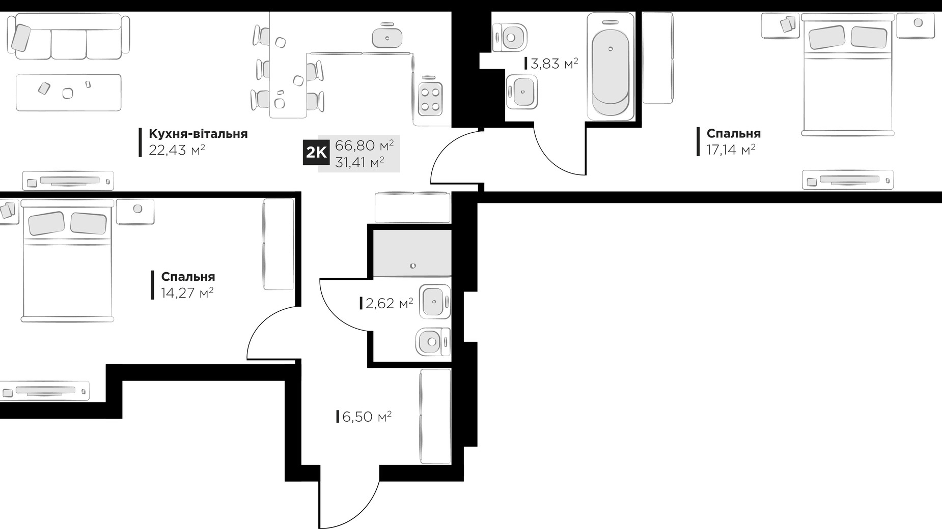 Планировка 2-комнатной квартиры в ЖК PERFECT LIFE 66.8 м², фото 677135