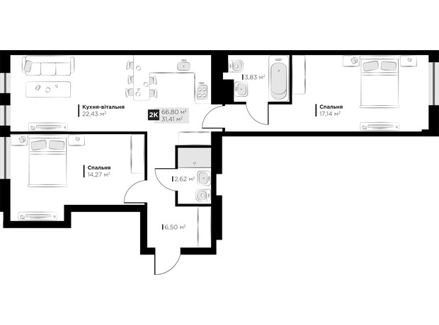 ЖК PERFECT LIFE: планування 2-кімнатної квартири 66.8 м²