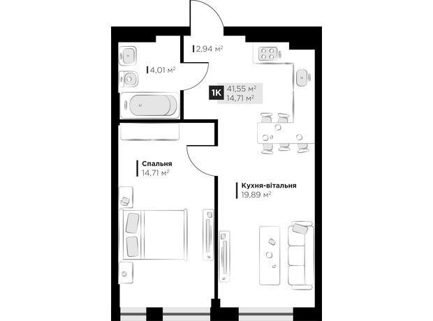 ЖК PERFECT LIFE: планировка 1-комнатной квартиры 41.55 м²