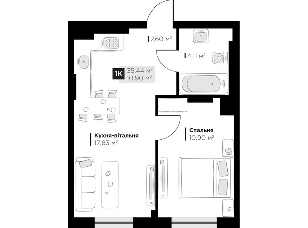 ЖК PERFECT LIFE: планування 1-кімнатної квартири 35.44 м²