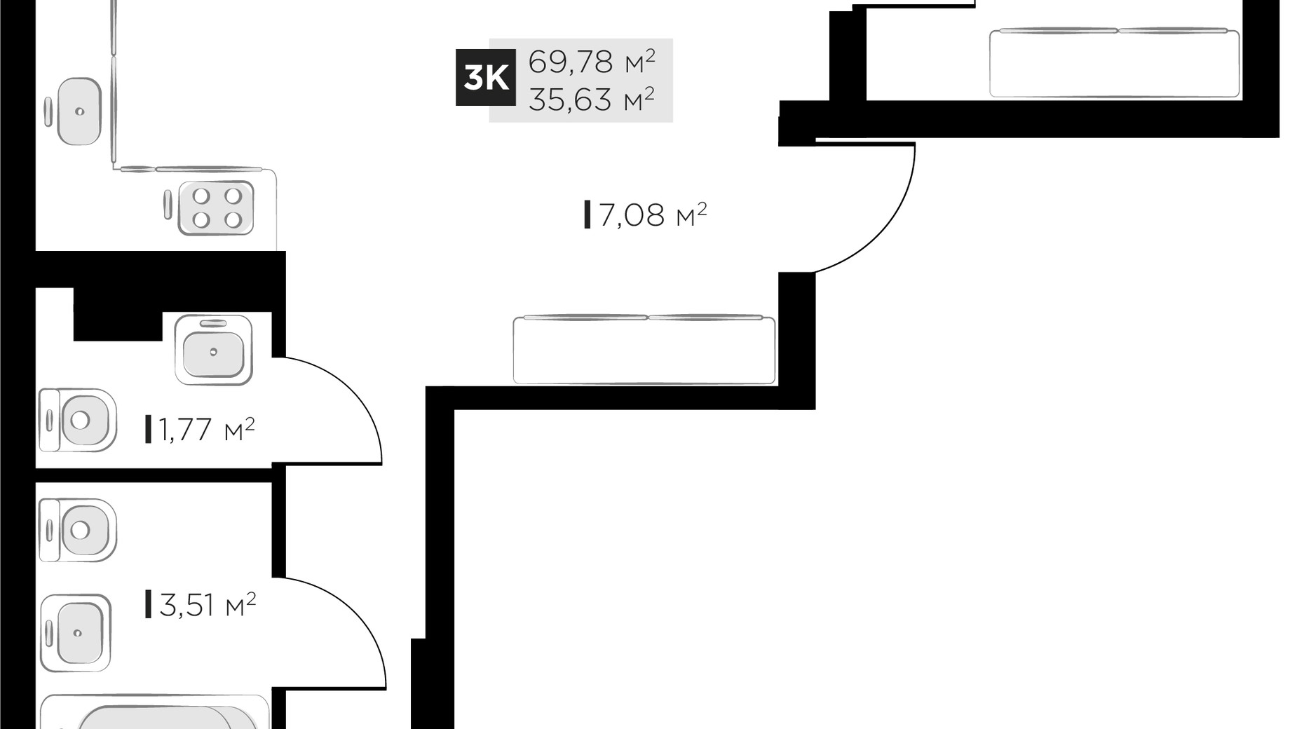 Планировка 3-комнатной квартиры в ЖК PERFECT LIFE 69.78 м², фото 677140