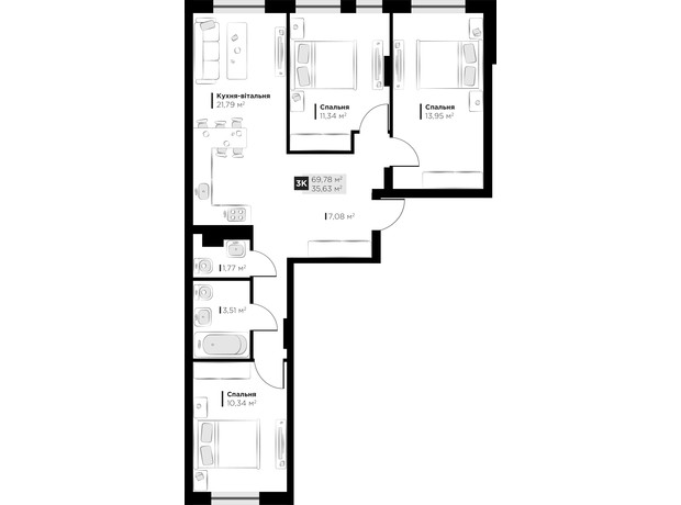 ЖК PERFECT LIFE: планировка 3-комнатной квартиры 69.78 м²