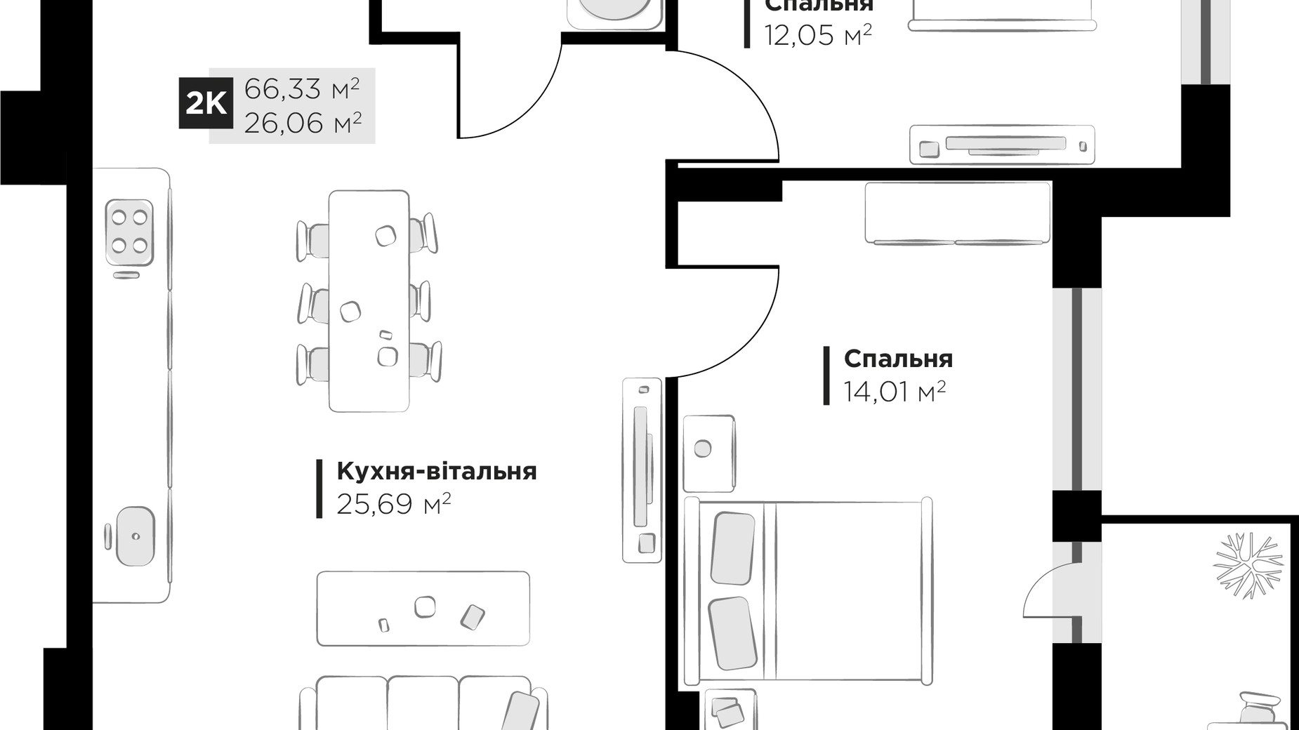 Планировка 2-комнатной квартиры в ЖК PERFECT LIFE 66.33 м², фото 677144