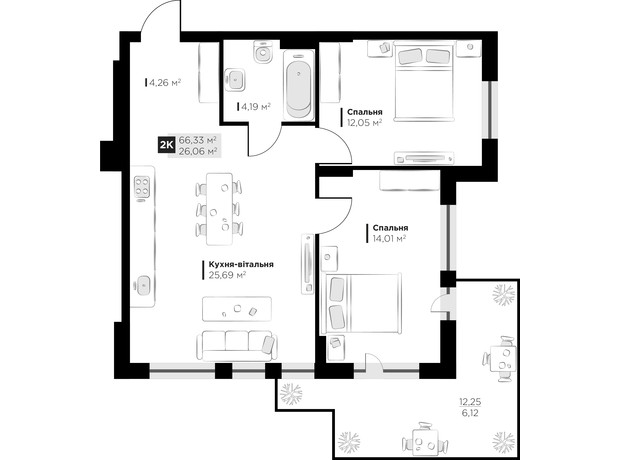 ЖК PERFECT LIFE: планировка 2-комнатной квартиры 66.33 м²