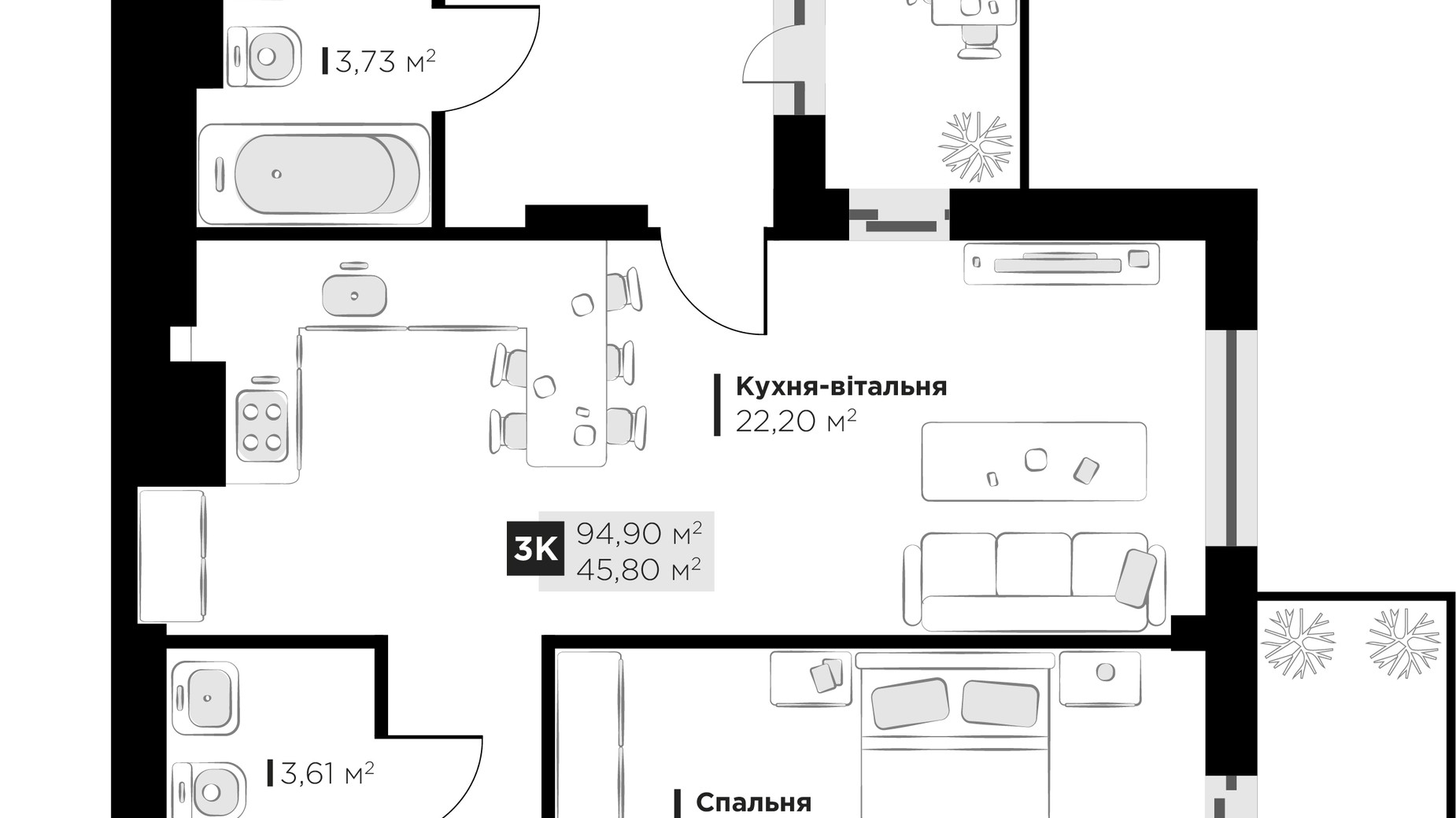 Планировка 3-комнатной квартиры в ЖК PERFECT LIFE 94.9 м², фото 677152