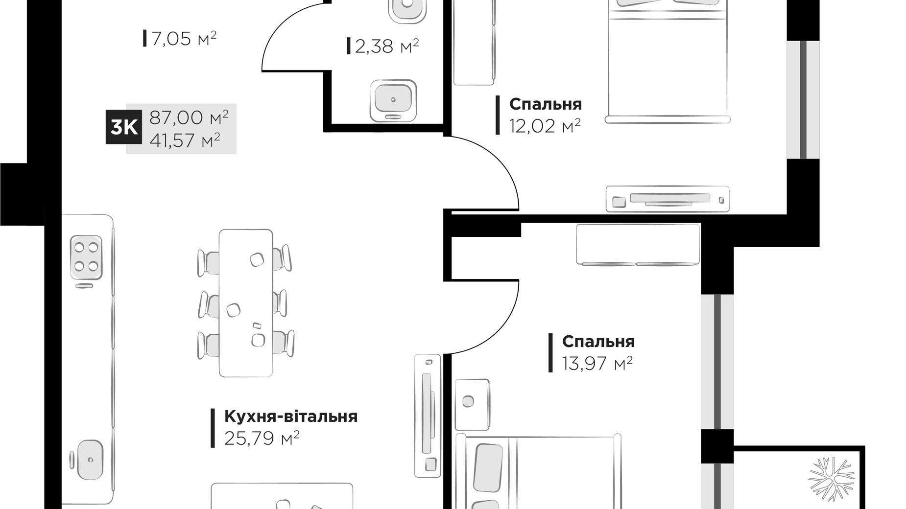 Планування 3-кімнатної квартири в ЖК PERFECT LIFE 87 м², фото 677153