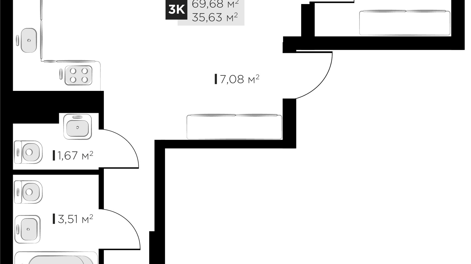 Планировка 3-комнатной квартиры в ЖК PERFECT LIFE 69.68 м², фото 677154