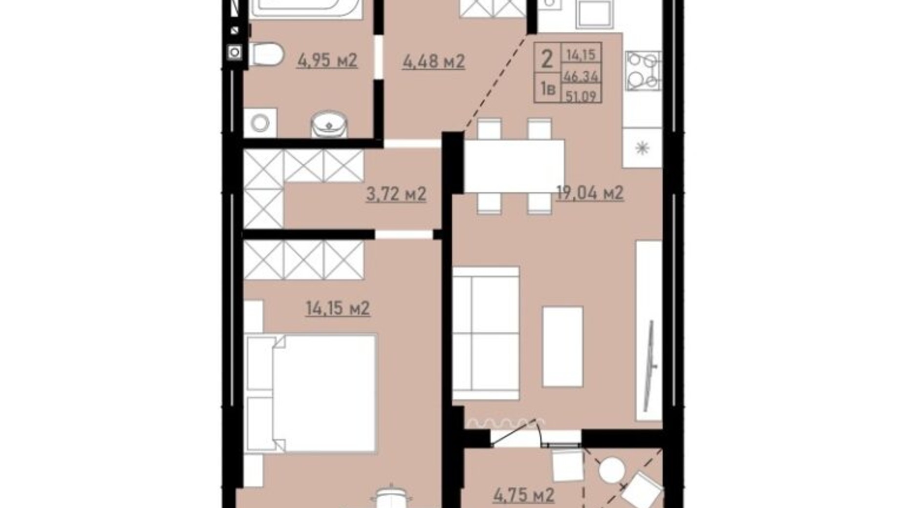Планування 1-кімнатної квартири в ЖК Praud comfort 50.64 м², фото 677612