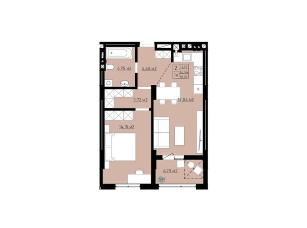 ЖК Praud comfort: планировка 1-комнатной квартиры 50.64 м²