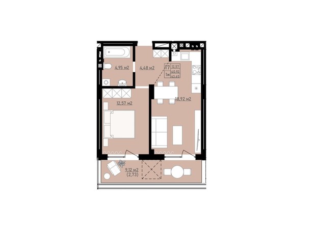 ЖК Praud comfort: планировка 1-комнатной квартиры 43.27 м²