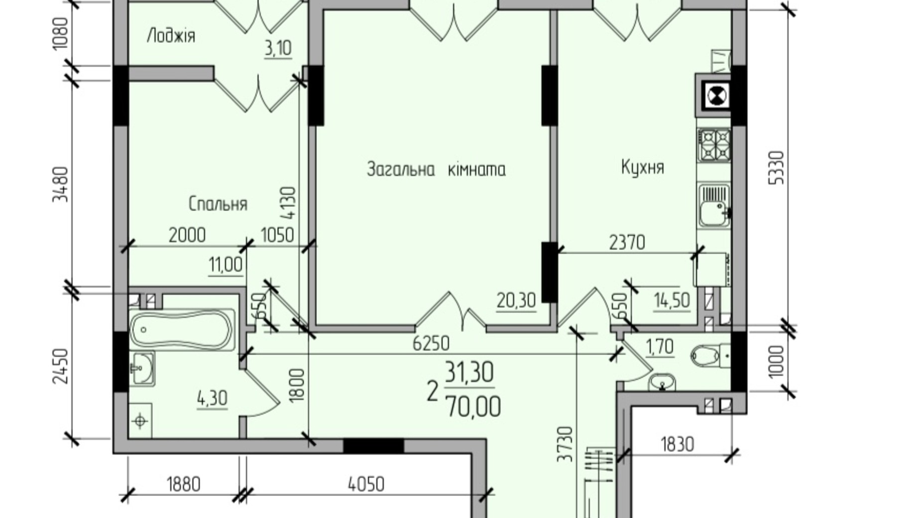 Планировка 2-комнатной квартиры в ЖК Comfort Hall 67.7 м², фото 677650