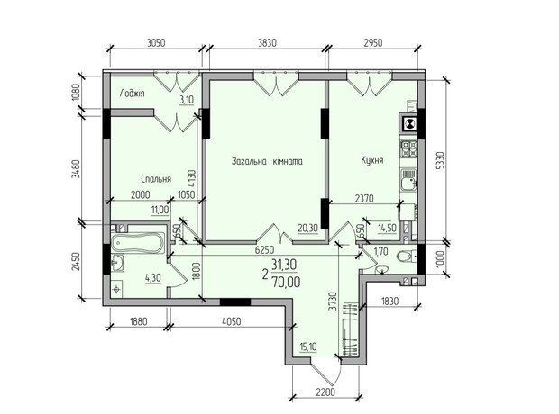 ЖК Comfort Hall: планировка 2-комнатной квартиры 67.7 м²