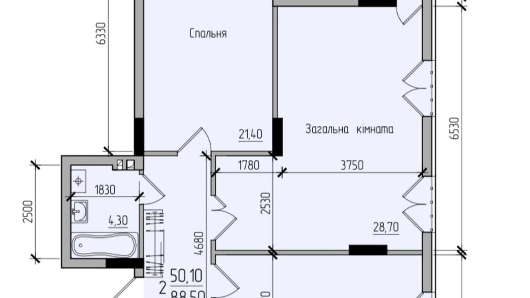 Планування 2-кімнатної квартири в ЖК Comfort Hall 82.7 м², фото 677651