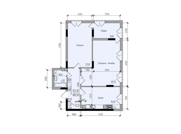 ЖК Comfort Hall: планування 2-кімнатної квартири 82.7 м²