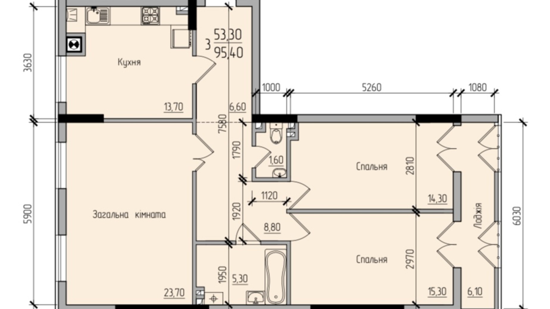 Планировка 3-комнатной квартиры в ЖК Comfort Hall 95.4 м², фото 677652