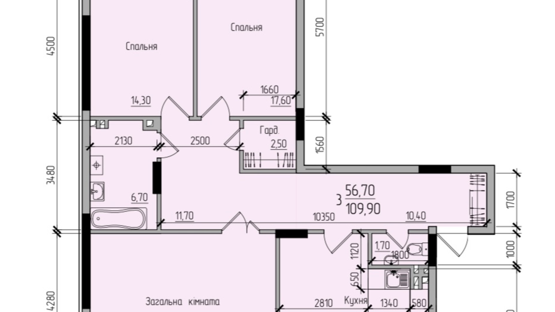 Планировка 3-комнатной квартиры в ЖК Comfort Hall 104.1 м², фото 677653