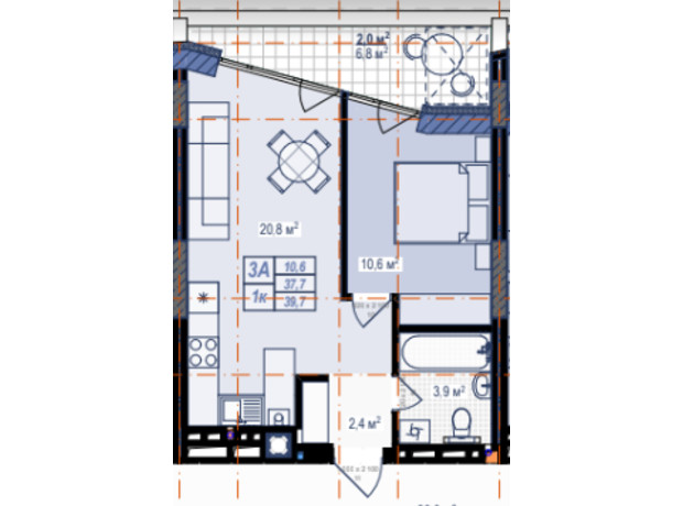 ЖК Prostir: планировка 1-комнатной квартиры 39.7 м²