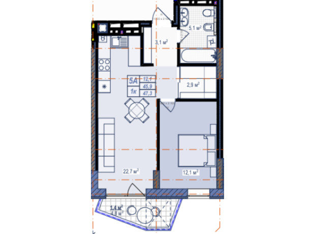 ЖК Prostir: планировка 1-комнатной квартиры 47.3 м²
