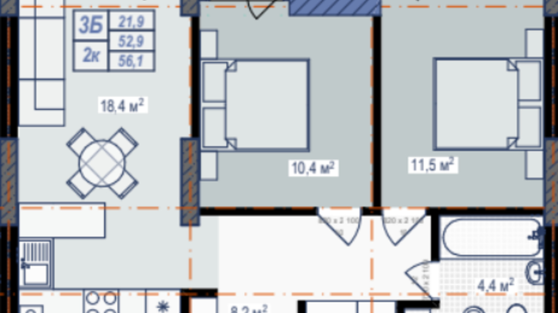 Планировка 2-комнатной квартиры в ЖК Prostir 56.1 м², фото 677818