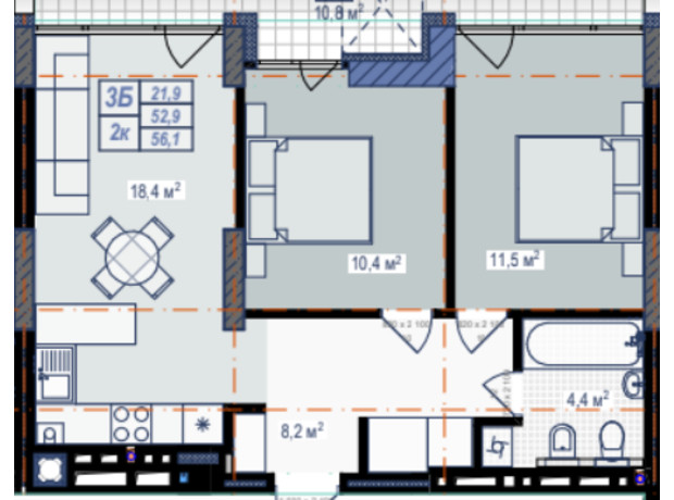 ЖК Prostir: планировка 2-комнатной квартиры 56.1 м²