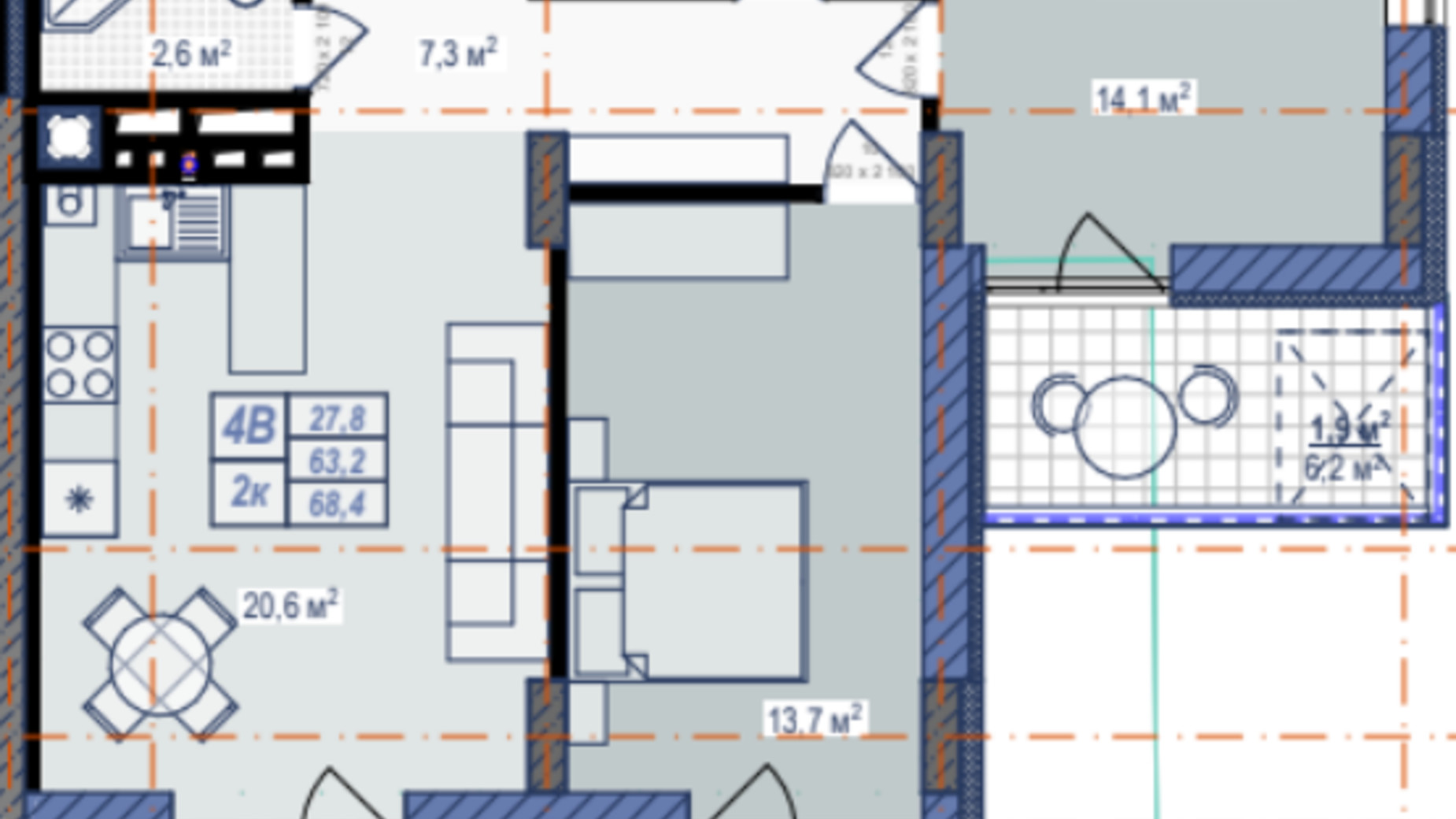Планировка 2-комнатной квартиры в ЖК Prostir 68.4 м², фото 677819