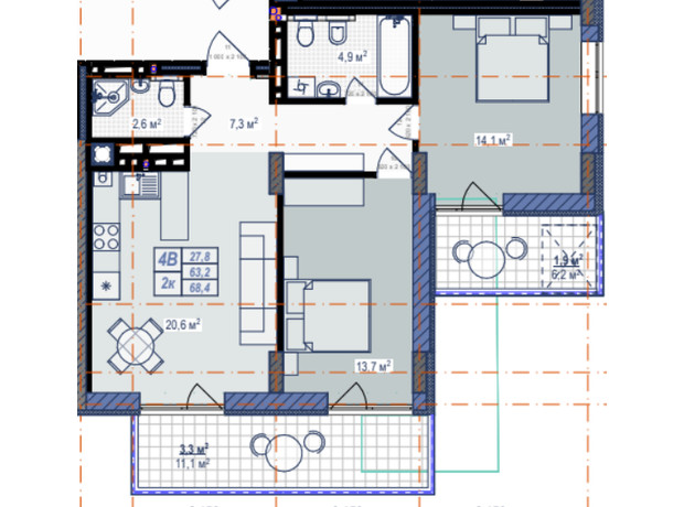 ЖК Prostir: планировка 2-комнатной квартиры 68.4 м²