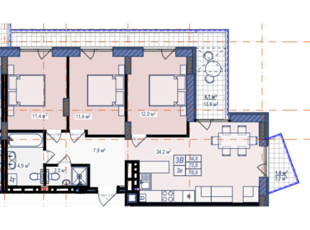 ЖК Prostir: планировка 3-комнатной квартиры 78.9 м²