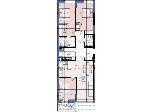 ЖК Prostir: планировка 3-комнатной квартиры 94.4 м²