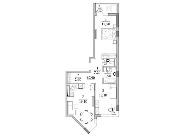 ЖК Таировские сады: планировка 2-комнатной квартиры 67.9 м²