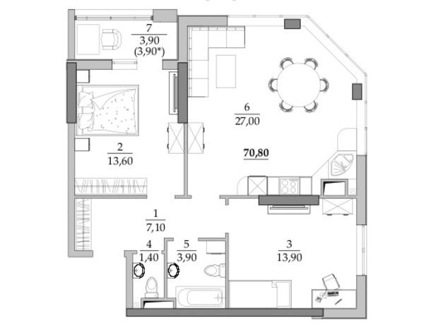 ЖК Таировские сады: планировка 2-комнатной квартиры 70.8 м²