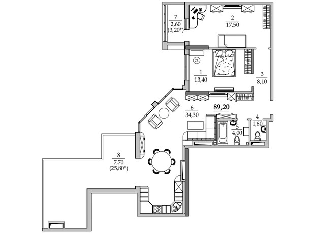 ЖК Таїровські сади: планування 2-кімнатної квартири 93.2 м²