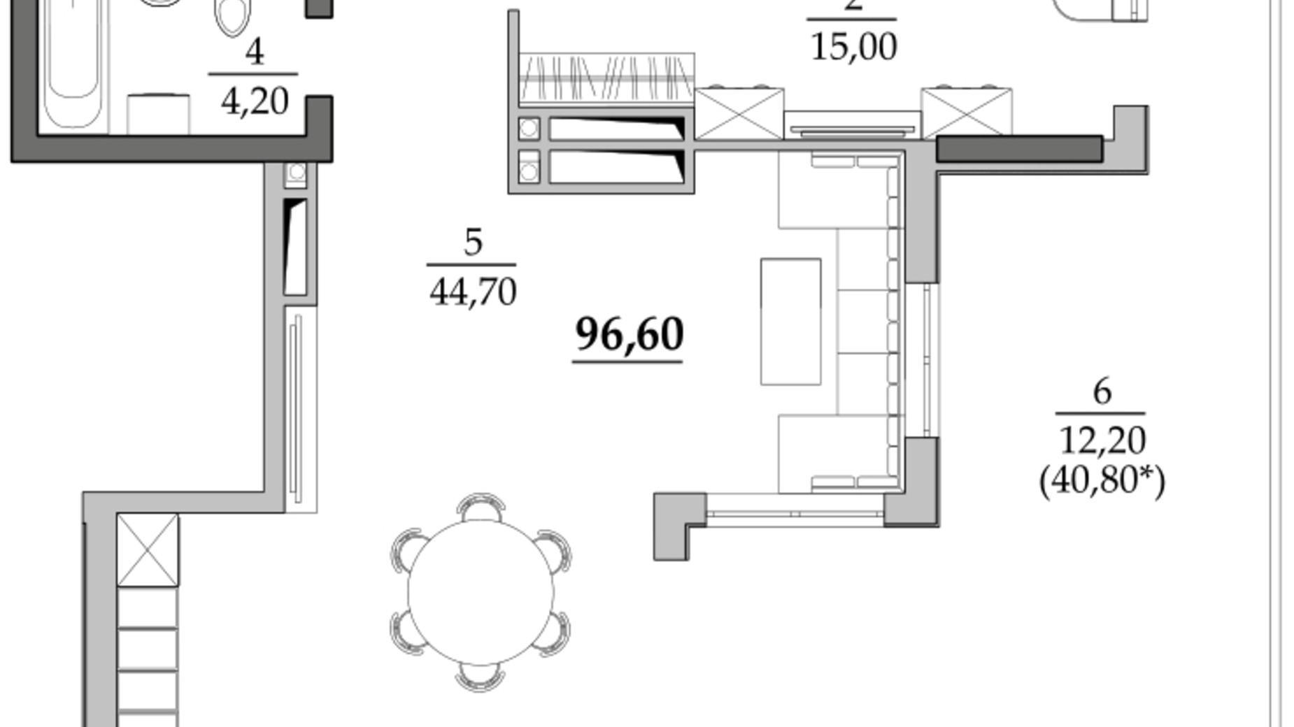 Планування 2-кімнатної квартири в ЖК Таїровські сади 106.4 м², фото 677829