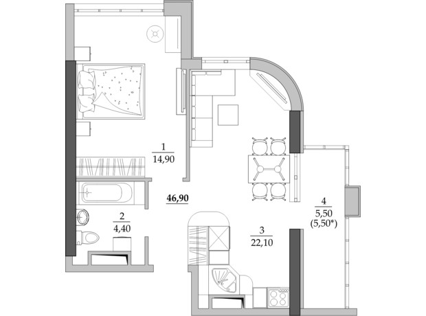 ЖК Таїровські сади: планування 1-кімнатної квартири 46.9 м²