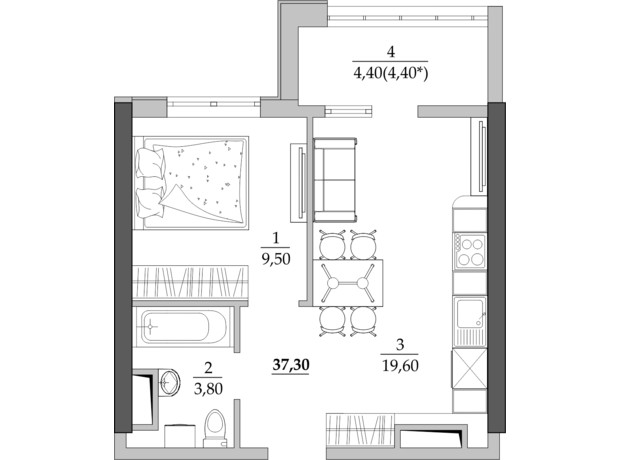 ЖК Таїровські сади: планування 1-кімнатної квартири 37.3 м²