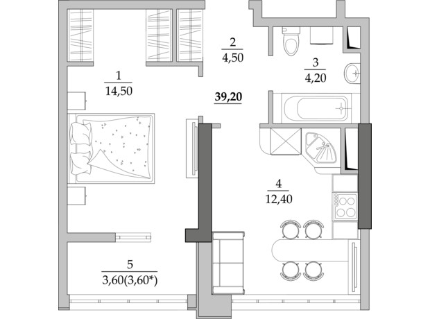 ЖК Таїровські сади: планування 1-кімнатної квартири 39.2 м²