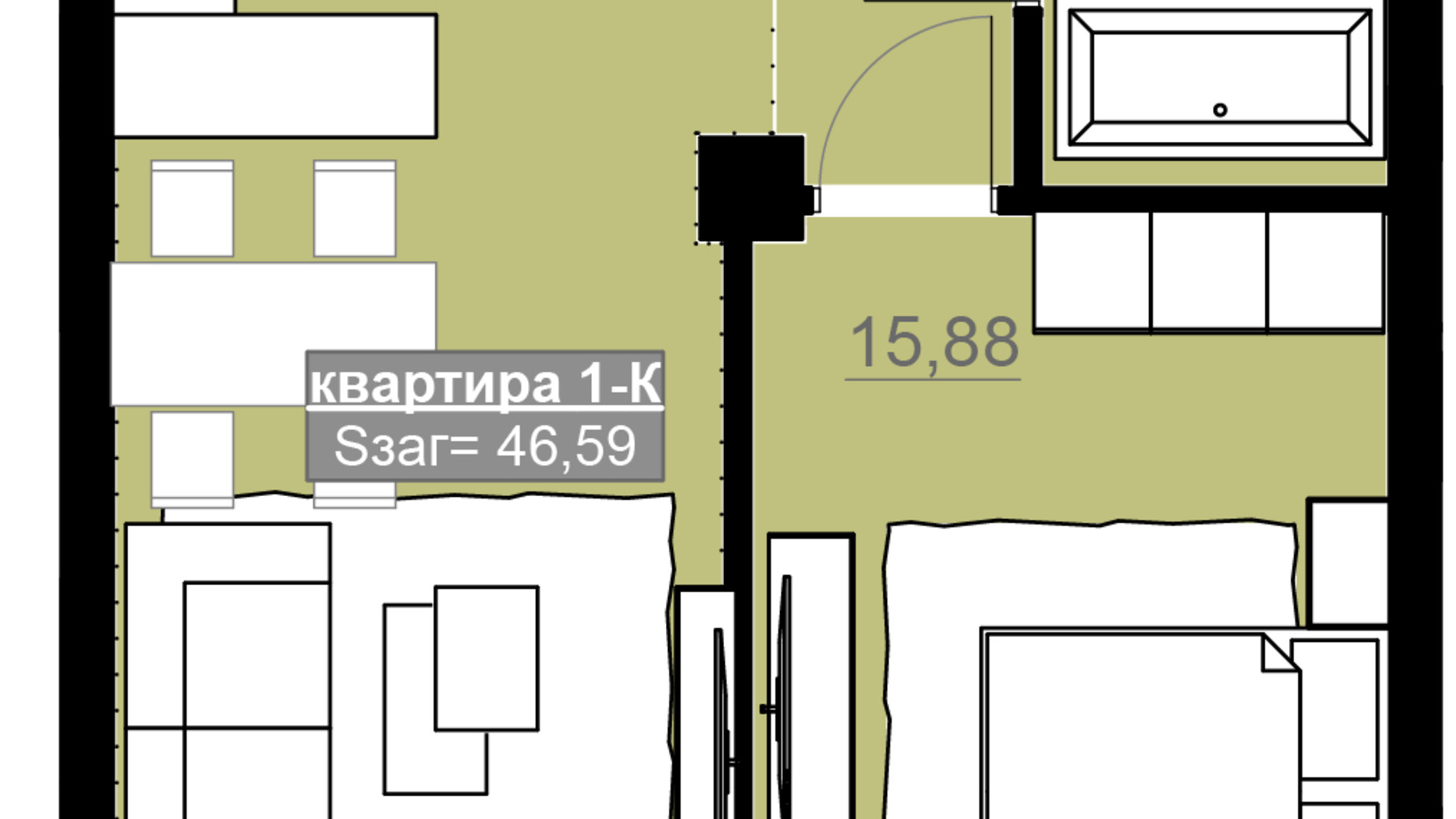 Планировка 1-комнатной квартиры в ЖК Привокзальный 46.59 м², фото 677846