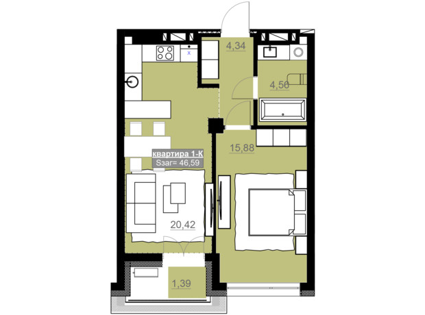 ЖК Привокзальный: планировка 1-комнатной квартиры 46.59 м²